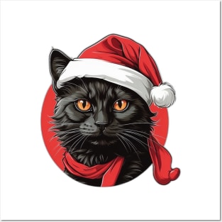 Black Cat in a Santa Hat Posters and Art